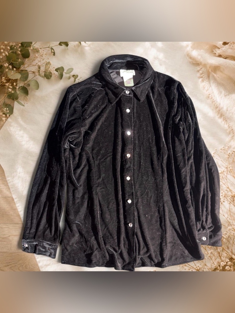 Vintage The Quacker Factory Black Velvet Rhinestone Button Down Top Shirt M